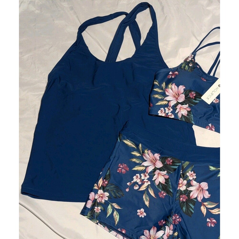 Holipick 3 PC Swimsuit Blue Tropical Floral NWT Women's M Tank Boy Shorts Top - Picture 3 of 8